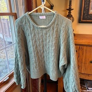Pink Lily green Droopy Shoulder Bishop Sleeve Cropped Chenille Sweater medium